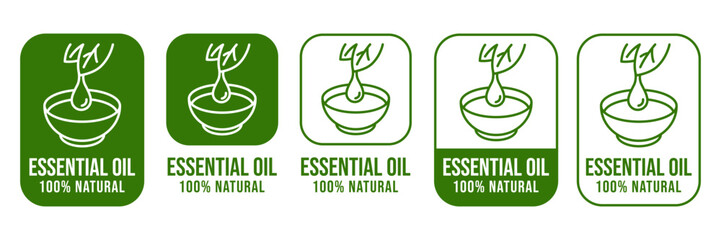 Essential oil drop icon beauty and skincare natural product certificate label. Essential oils sticker logo for body lotion, cream, shampoo, moisturizer, spa wellness fragrance. Vector Illustration.