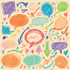 Assortment of vibrant hand-drawn speech bubbles arrows and symbols on a cream colored background Keywords: speech bubble, thought bubble, chat bubble, dialogue