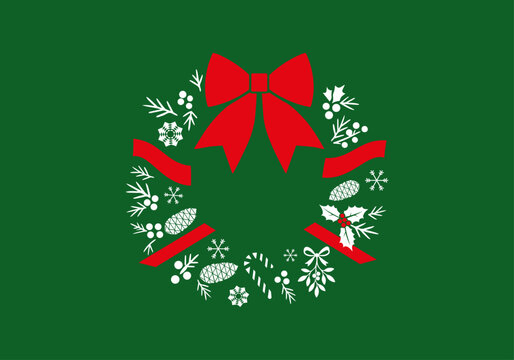 Corona Navide&ntilde;a con listones. Silueta de adorno para navidad, con copos de nieve, mu&eacute;rdagos y dulce