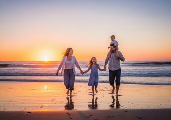 Fototapeta premium Family enjoying sunset walk on beach with children on shoulders