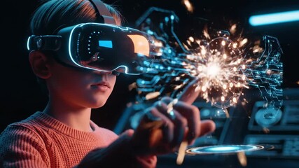 A child wearing a VR headset interacts with a glowing digital interface in a futuristic setting - Powered by Adobe