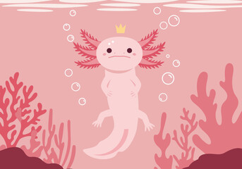 Cute pink axolotl character with a crown swimming underwater.