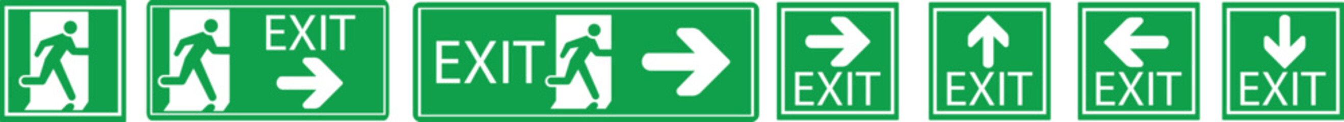 Obraz premium Emergency Exit Icon set. Vector illustration of running man and exit door sign. Escape and evacuation symbol. Various exit sign isolated white background.Evacuation and relocation of people to safety.