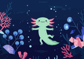 Cute Green Axolotl with Pink Gills Swimming Underwater Illustration.