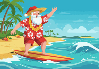 Cartoon Santa Claus surfing on a tropical beach vacation.
