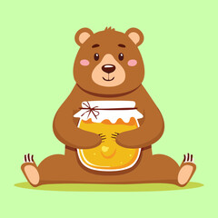 Happy Brown Bear Cub Sitting and Holding a Pot of Golden Honey with a Sweet Smile