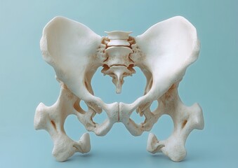 Detailed view of a human pelvic bone skeleton isolated on a light blue background showing hip structure and lower spine connection