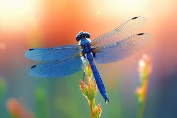 Close-up of a vibrant blue dragonfly perched on a flowering plant with delicate transparent wings against a softly blurred warm-toned background
