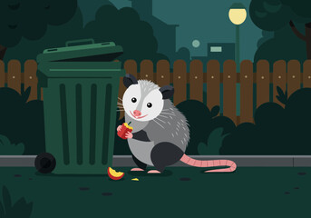 Cartoon Opossum Eating Apple by Trash Can at Night.