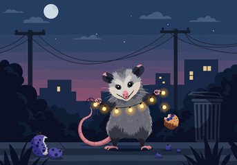 Charming Opossum with String Lights and Blueberry Muffin.