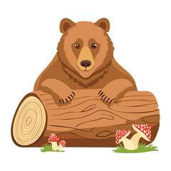 Big Brown Bear Sitting on a Large Log Among Mushrooms with a Friendly Expression Cute Cartoon