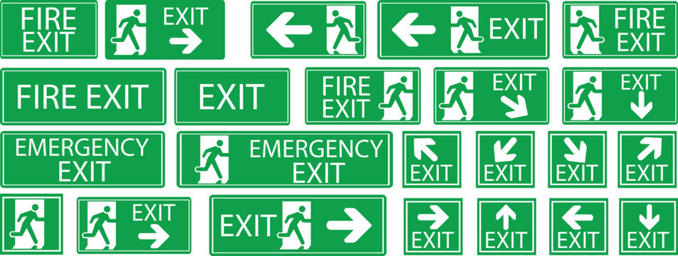 Emergency Exit Icon set. Vector illustration of running man and exit door sign. Escape and evacuation symbol. Various exit sign isolated white background.Evacuation and relocation of people to safety.