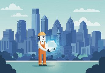 Cartoon Construction Worker Holding a Glowing Hexagon in Cityscape.