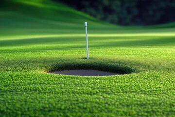 Close-up of a golf hole with a white flagstick on bright green grass under sunlight