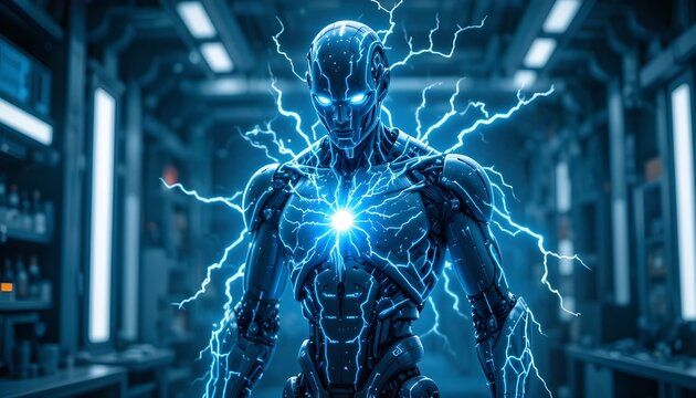 "Robot infused with thunder energy core, blue-white lightning veins across body, sci-fi laboratory background"
