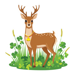 Majestic Stag Deer Character Standing in a Grass Field Surrounded by Clover Leaves Nature Wildlife Illustration