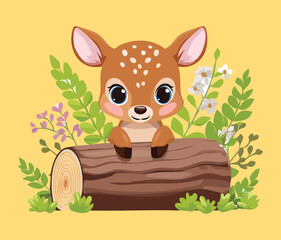 Sweet Baby Fawn Character Peeking From a Wooden Log Surrounded by Green Leaves and Gentle Nature Elements