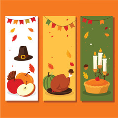 Obraz premium Digital illustration of three Thanksgiving-themed banners with fall decorations and food on white, yellow, and green backgrounds.