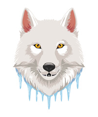 Intense White Wolf Head Portrait with Melting Ice Fangs and Yellow Eyes Cold Winter Wild Animal Vector Illustration
