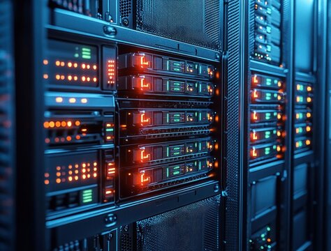Close-up view of illuminated server racks with blinking LED indicator lights in a modern data center room