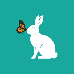 White Rabbit with Orange Butterfly on Nose, Minimalist Animal Illustration Symbolizing Peace and Nature