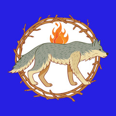 Powerful Wolf Stepping Inside Burning Thorn Wreath Vector Illustration on Blue Background for Tribal Mystical Art