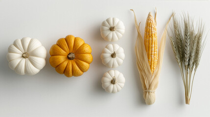 A minimalist autumn flat lay featuring white and orange pumpkins, a corn cob, and wheat stalks arranged neatly on a white background - Generative AI