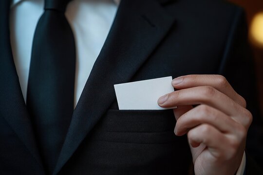 Close-up of a person in a black suit and tie placing a blank white business card into the breast pocket of the jacket, conveying professionalism