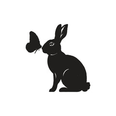 Rabbit Silhouette with Butterfly on Nose Symbolizing Nature, Peace, and Wildlife Harmony