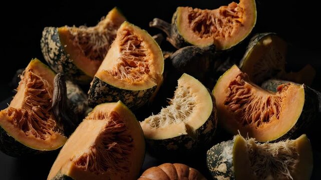 Close up of sliced green and orange gourds with visible seeds and stringy pulp set against a dark background with dramatic lighting