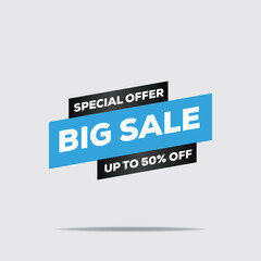 3D Blue & White Big Sale Banner – Up to 50% Off, Modern Minimalist Design