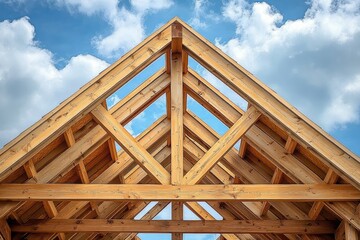 Obraz premium Perspective view of a wooden roof frame structure with intersecting beams under a blue sky with scattered clouds