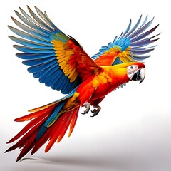 Fototapeta premium A vibrant parrot in flight, showcasing vivid plumage against a white background