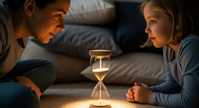 A mother and daughter share a profound moment, watching the sands of time pass in a glowing hourglass, a concept of life's fleeting nature