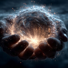 Birth of Time — Cosmic Hands Creating a Glowing Orb of Energy