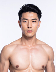 Portrait of an Athletic Japanese Male Model with Visible Abdominal Definition Posing Confidently Against a Bright White Backdrop