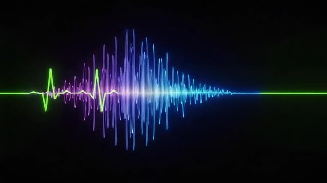 Abstract Neon Sound Waveforms Displaying Green and Purple Pulses Against a Dark Background