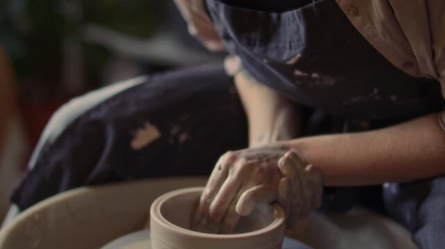 Young female ceramics artist forming clay vessel by hand on spinning pottery wheel during crafting process in workshop. Close-up, tilt down shot