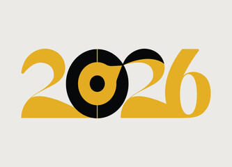 Stylized 2026 Year Illustration with Bold Typography and Geometric Elements in Gold and Black against Cream Background for Graphic Design