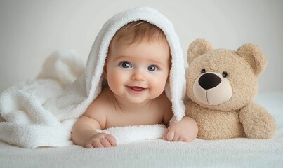 smiling baby lying on soft white surface with hooded towel and plush teddy bear beside, conveying warmth and comfort