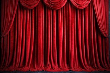 Luxurious deep red velvet theater curtains with elegant gathers and folds creating a dramatic and rich stage backdrop