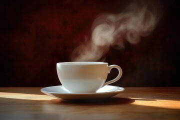 Fototapeta premium White cup and saucer with hot steaming beverage placed on wooden surface against dark background casting soft shadow and warm light