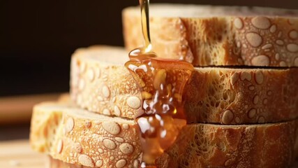 Honey drizzling onto freshly baked bread slices close up shot - Powered by Adobe