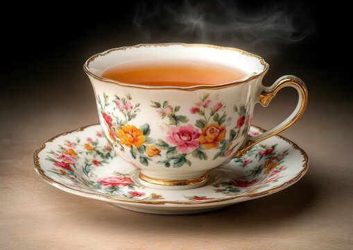 steaming cup of tea in a delicate floral patterned porcelain teacup with matching saucer on a light surface
