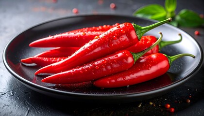Vibrant Red Chili Peppers on a Dark Plate - A Culinary Delight.