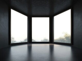 Fototapeta premium Empty dark room with three large corner windows revealing bright outdoor scenery with trees and soft natural light