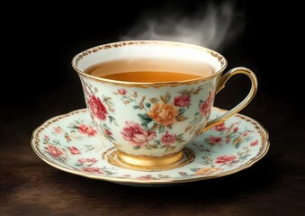 Fototapeta premium Steaming hot tea served in delicate floral patterned porcelain teacup with matching saucer on dark background
