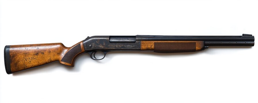 vintage pump-action shotgun with wooden stock and fore-end on white background