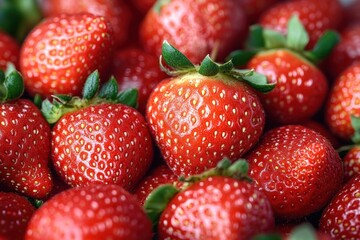 Close-up view of fresh ripe red strawberries with green leaves tightly packed together