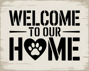Rustic welcome to our home sign featuring a paw print heart isolated on white background